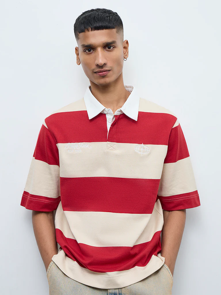 Nuon Red Striped Relaxed-Fit Cotton Polo T-Shirt - Image 2