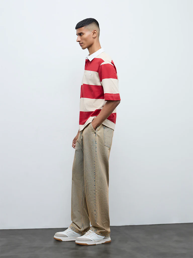 Nuon Red Striped Relaxed-Fit Cotton Polo T-Shirt - Image 3