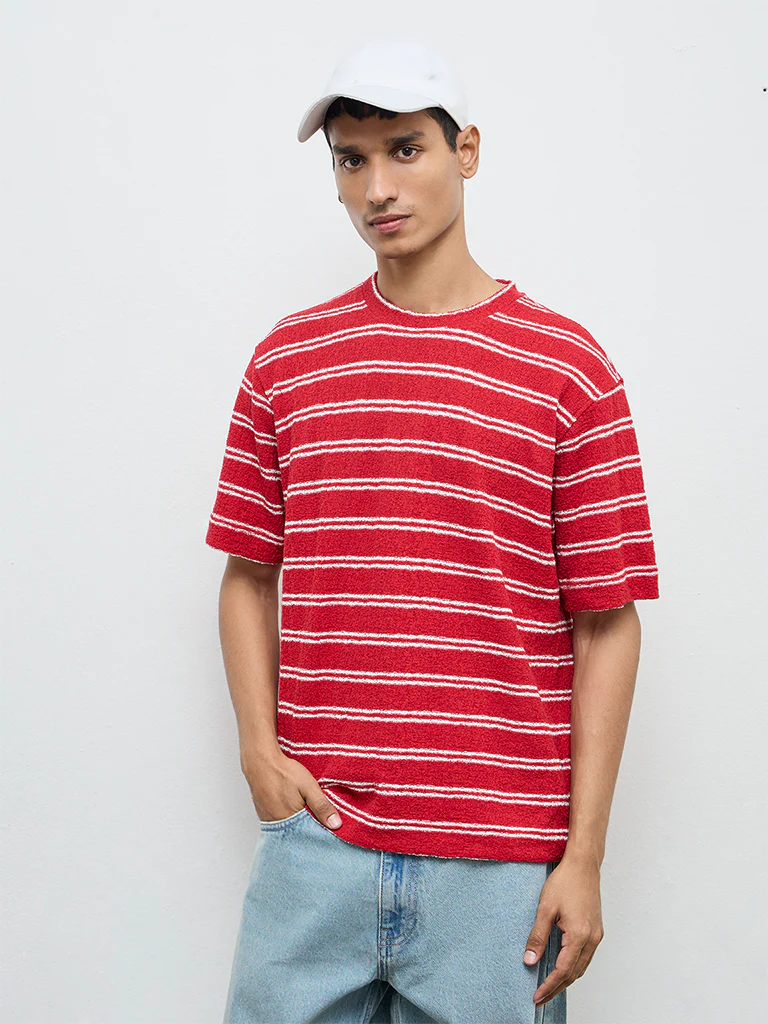 Nuon Red Striped Relaxed-Fit Cotton T-Shirt - Image 2