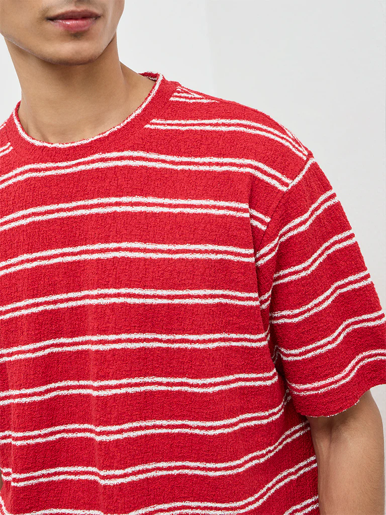 Nuon Red Striped Relaxed-Fit Cotton T-Shirt - Image 3