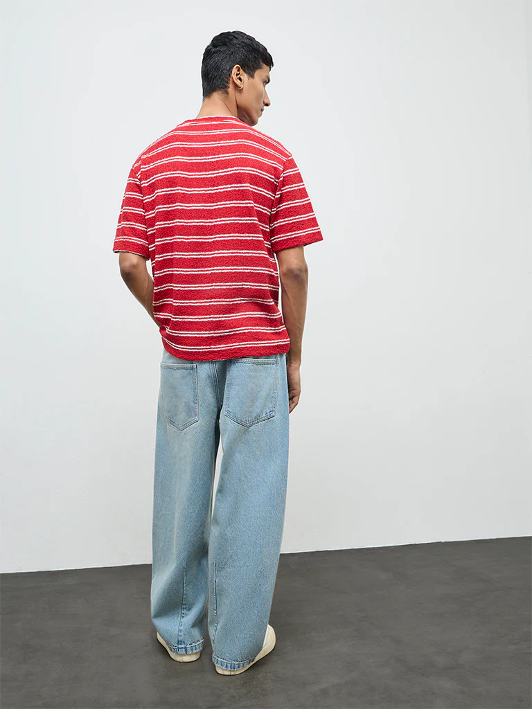 Nuon Red Striped Relaxed-Fit Cotton T-Shirt - Image 4