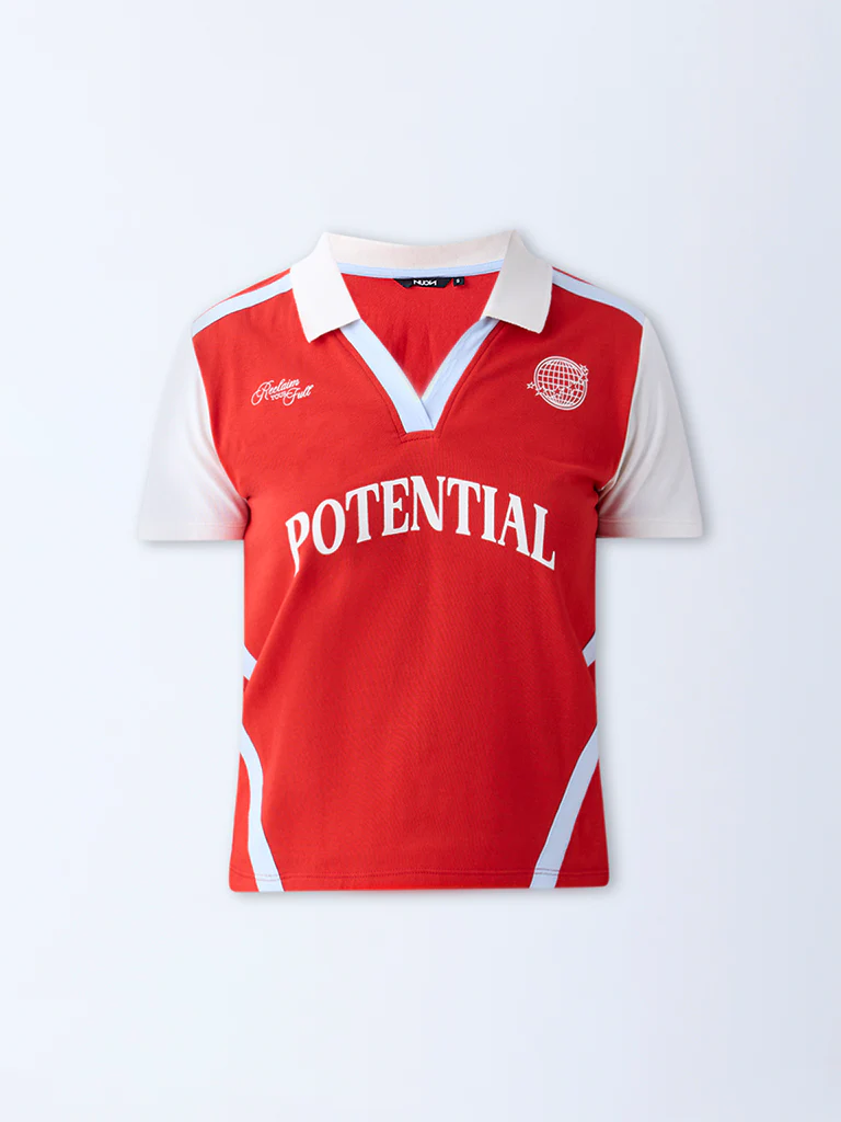 Nuon Red Text Detailed Cotton-Blend T-Shirt - Image 5