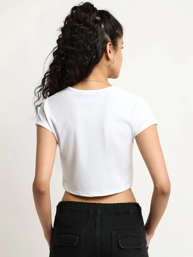 Nuon Ruched Crop White Cotton Top - Image 4
