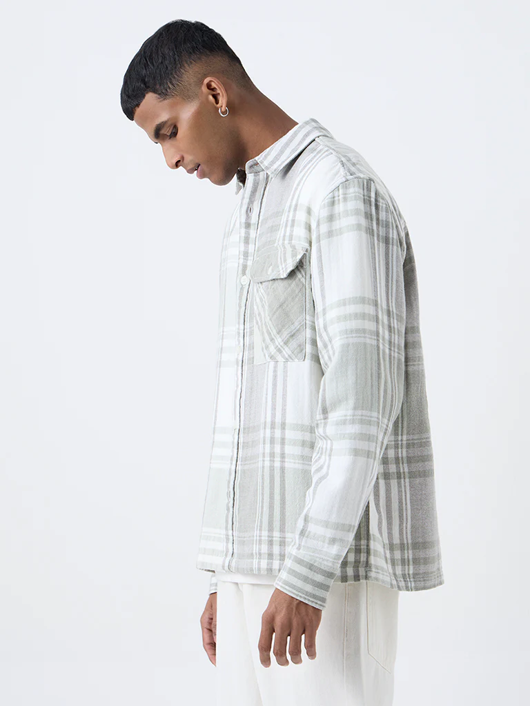 Nuon Sage Check Pattern Relaxed-Fit Cotton Shirt - Image 2