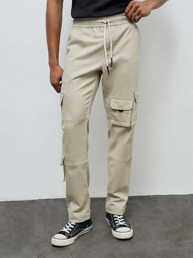 Nuon Taupe Cargo-Style Relaxed-Fit Mid-Rise Cotton-Blend Pants - Image 2