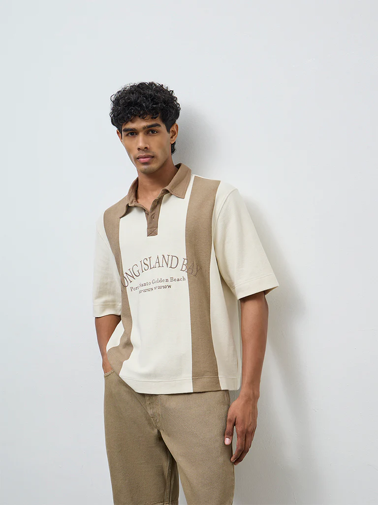 Nuon Taupe Color-Blocked Relaxed-Fit Cotton Polo T-Shirt