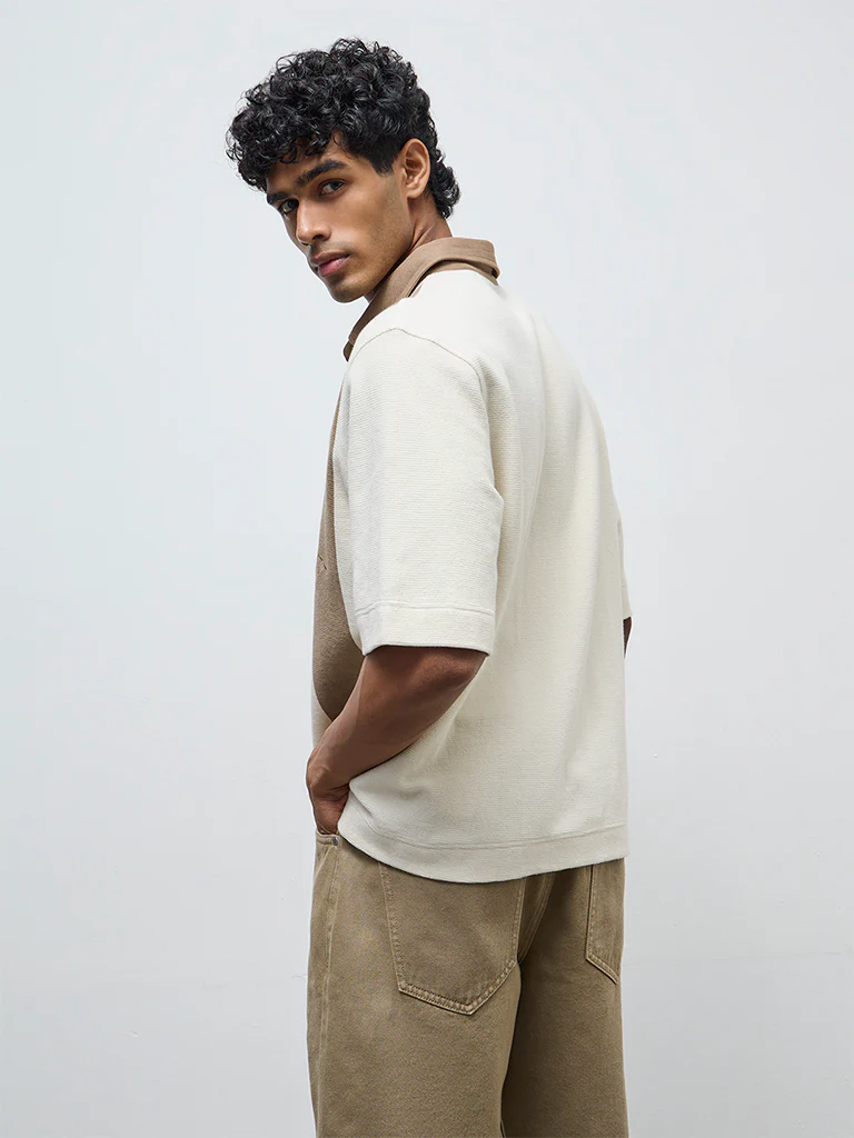 Nuon Taupe Color-Blocked Relaxed-Fit Cotton Polo T-Shirt - Image 4