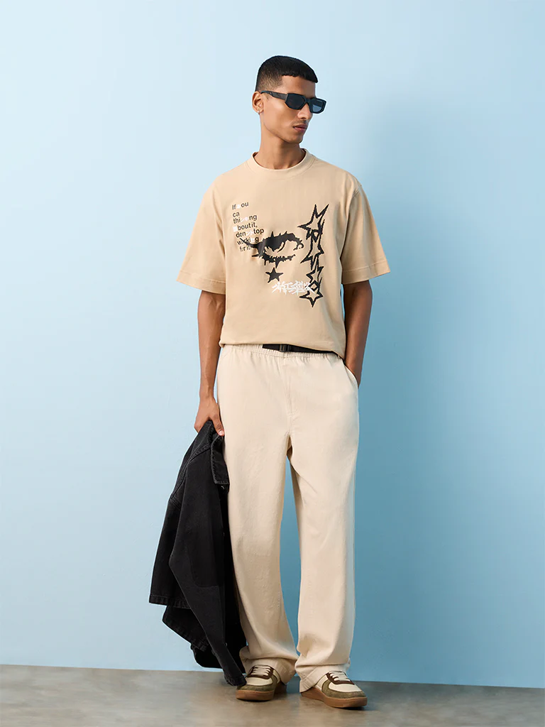 Nuon Taupe Graphic Printed Relaxed-Fit Cotton T-Shirt - Image 2