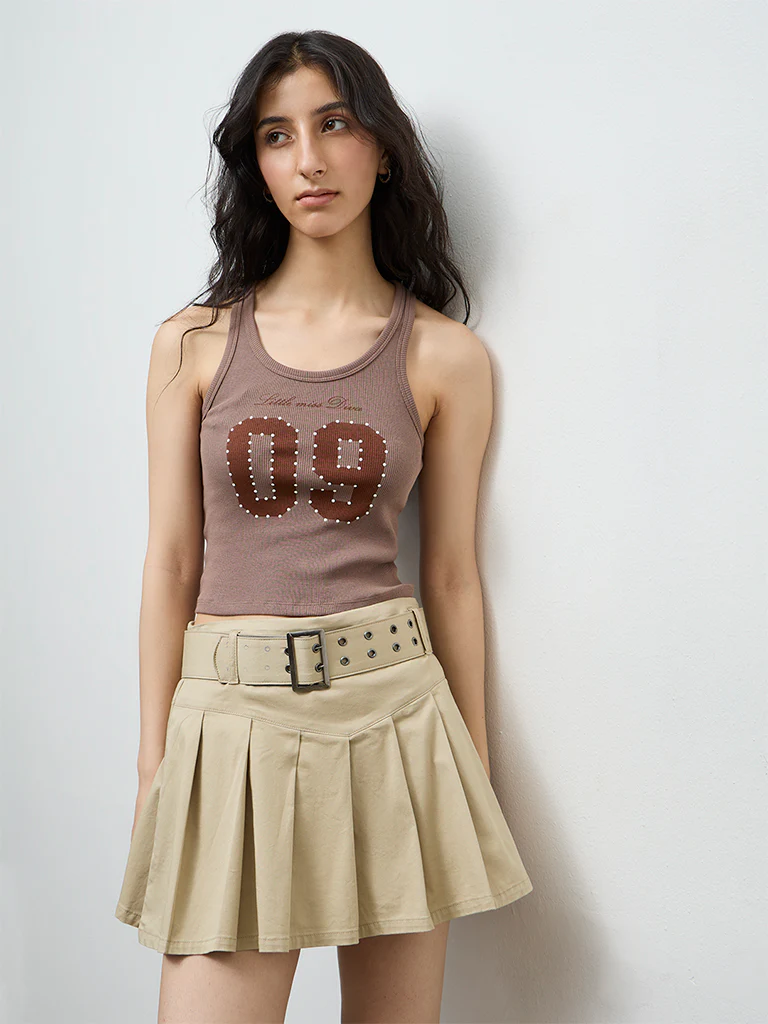 Nuon Taupe Printed Cotton-Blend Top