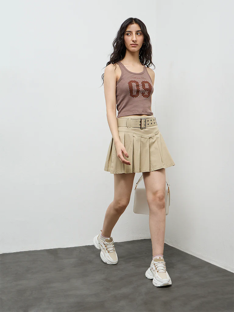 Nuon Taupe Printed Cotton-Blend Top - Image 2