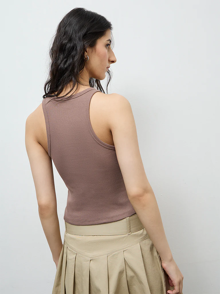Nuon Taupe Printed Cotton-Blend Top - Image 4