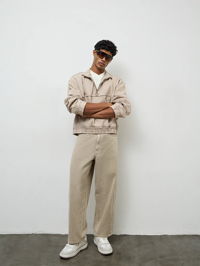 Nuon Taupe Barrel-Fit Mid-Rise Jeans