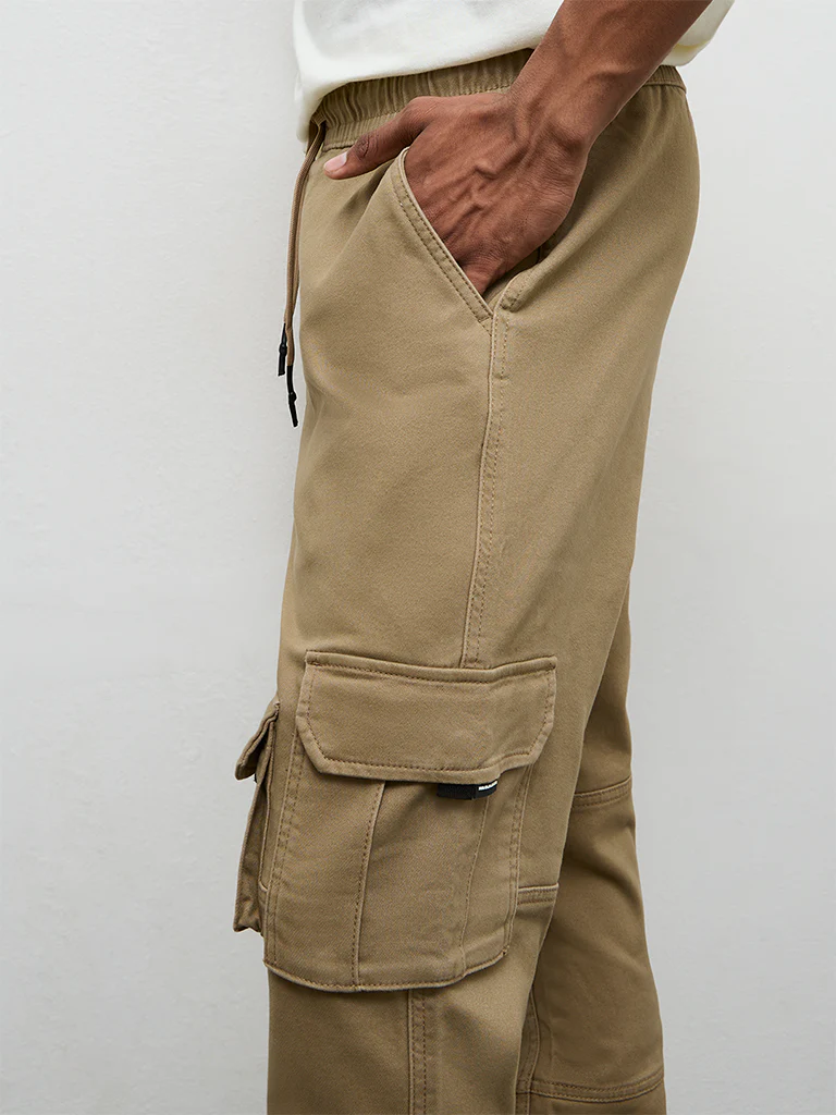 Nuon Taupe Relaxed-Fit Mid-Rise Cotton-Blend Cargo Pants - Image 4