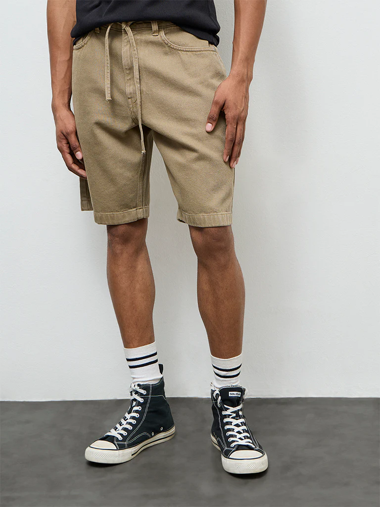 Nuon Taupe Relaxed-Fit Mid-Rise Cotton Shorts - Image 3