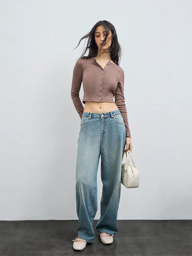 Nuon Taupe Ribbed-Textured Cotton-Blend Top