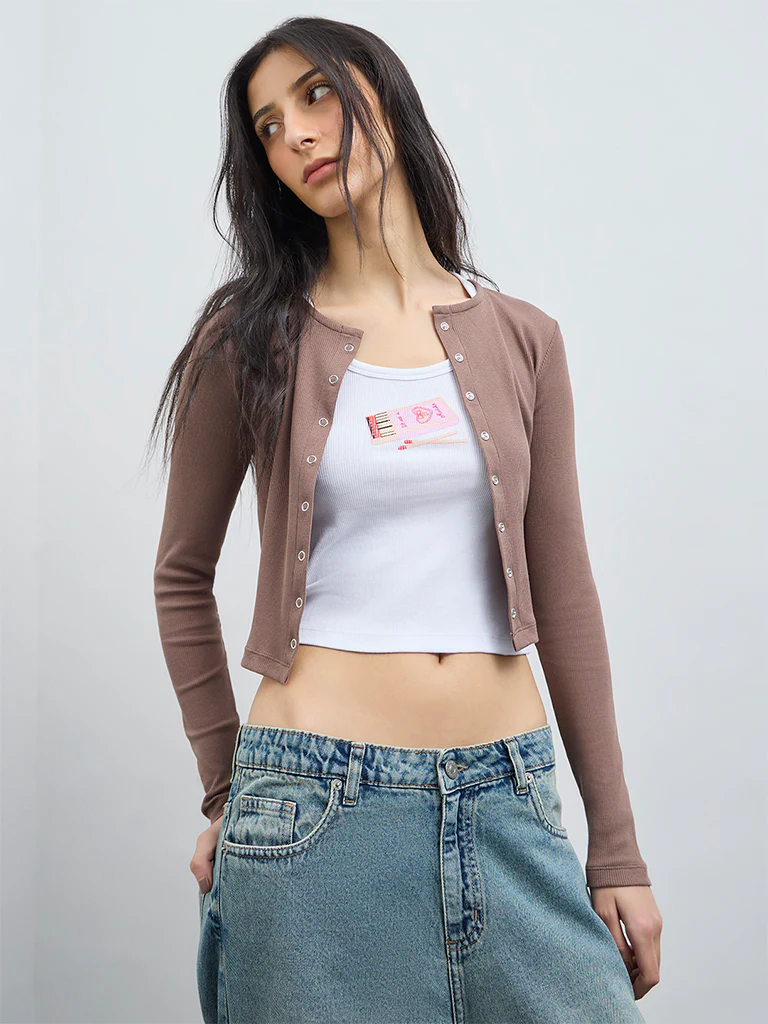 Nuon Taupe Ribbed-Textured Cotton-Blend Top - Image 2