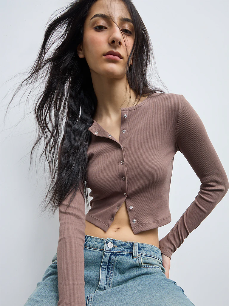 Nuon Taupe Ribbed-Textured Cotton-Blend Top - Image 3
