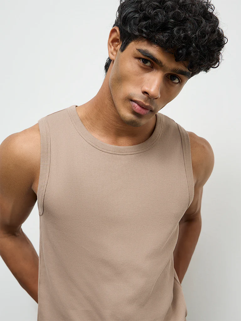 Nuon Taupe Ribbed-Textured Slim-Fit Cotton-Blend T-Shirt - Image 3