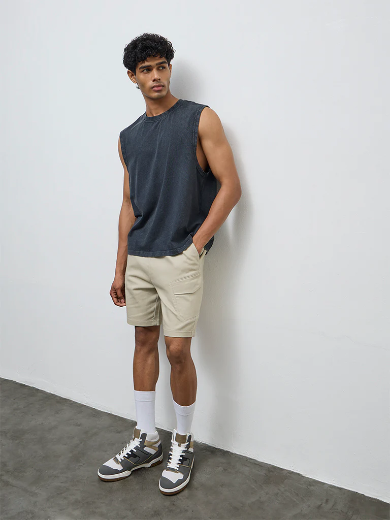 Nuon Taupe Solid Relaxed-Fit Mid-Rise Cotton-Blend Shorts