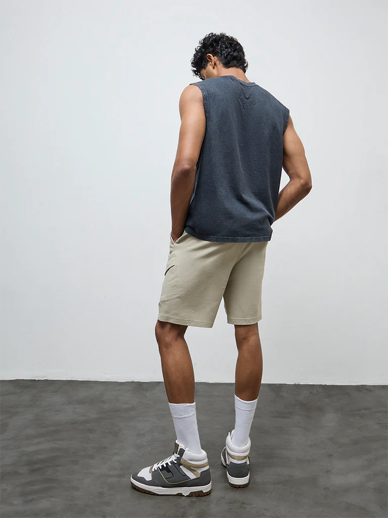 Nuon Taupe Solid Relaxed-Fit Mid-Rise Cotton-Blend Shorts - Image 5