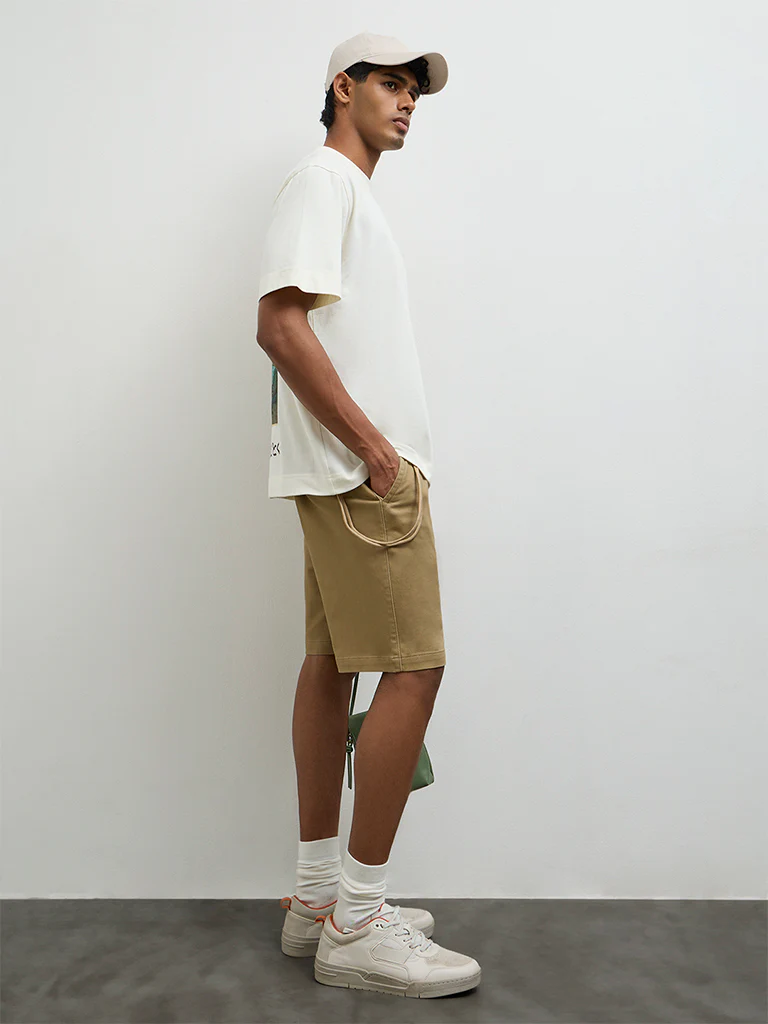 Nuon Taupe Solid Relaxed-Fit Mid-Rise Shorts - Image 3