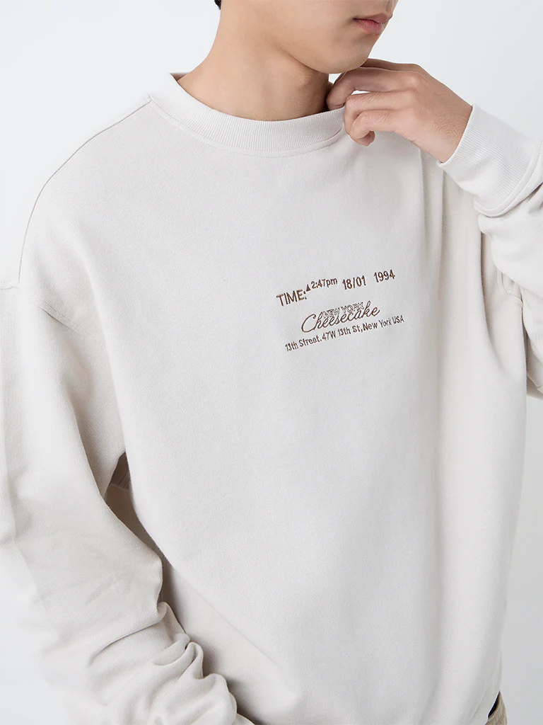 Nuon Taupe Text Detailed Relaxed-Fit Cotton Sweatshirt - Image 3