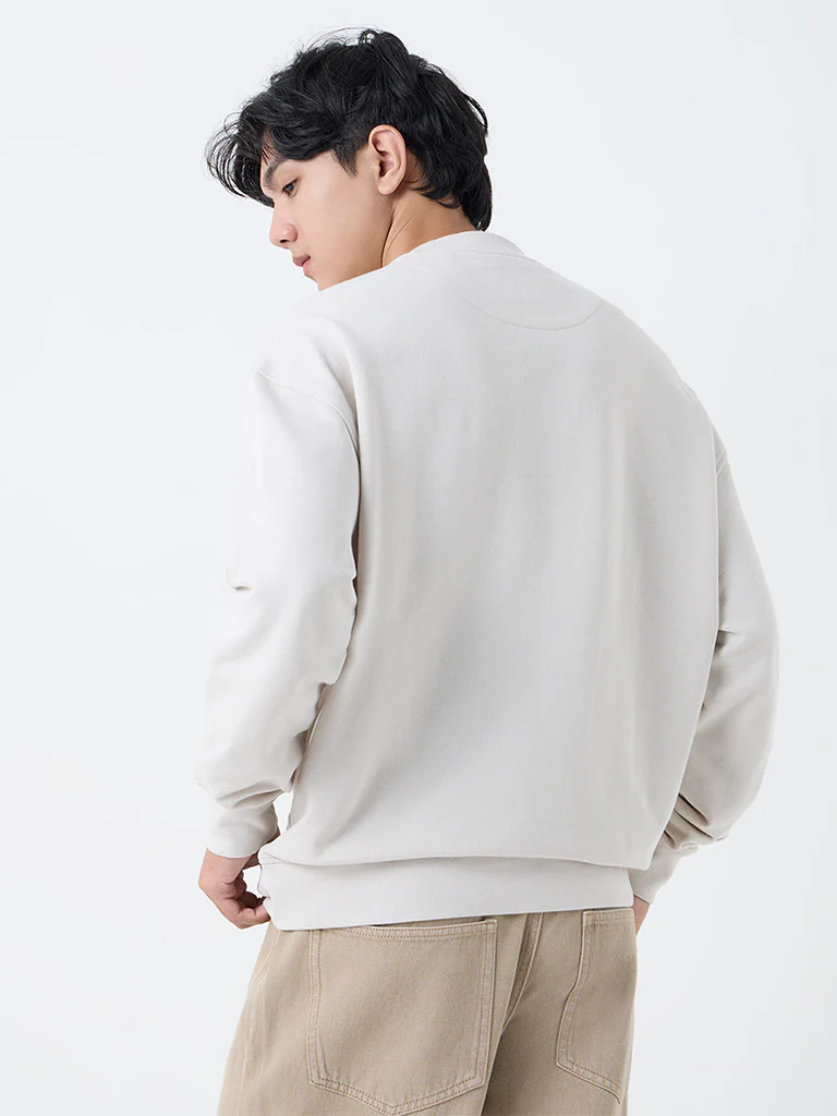 Nuon Taupe Text Detailed Relaxed-Fit Cotton Sweatshirt - Image 4