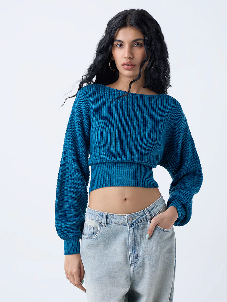 Nuon Teal Knit-Textured Sweater - Image 2