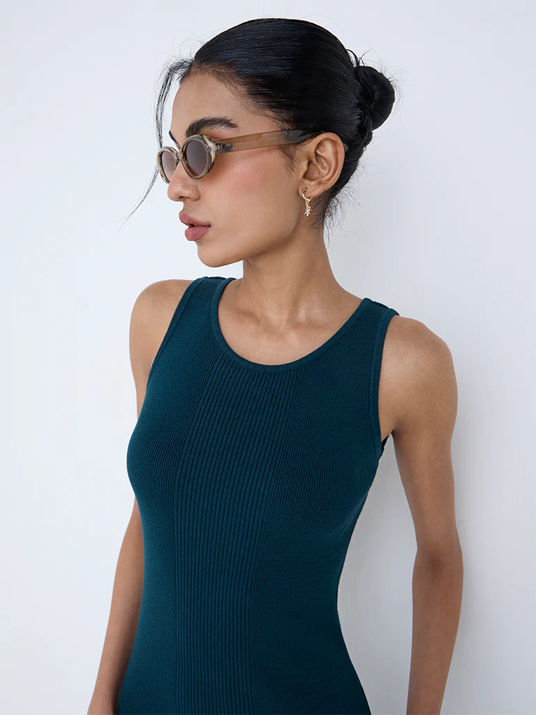 Nuon Teal Ribbed Cotton Bodycon Dress - Image 3