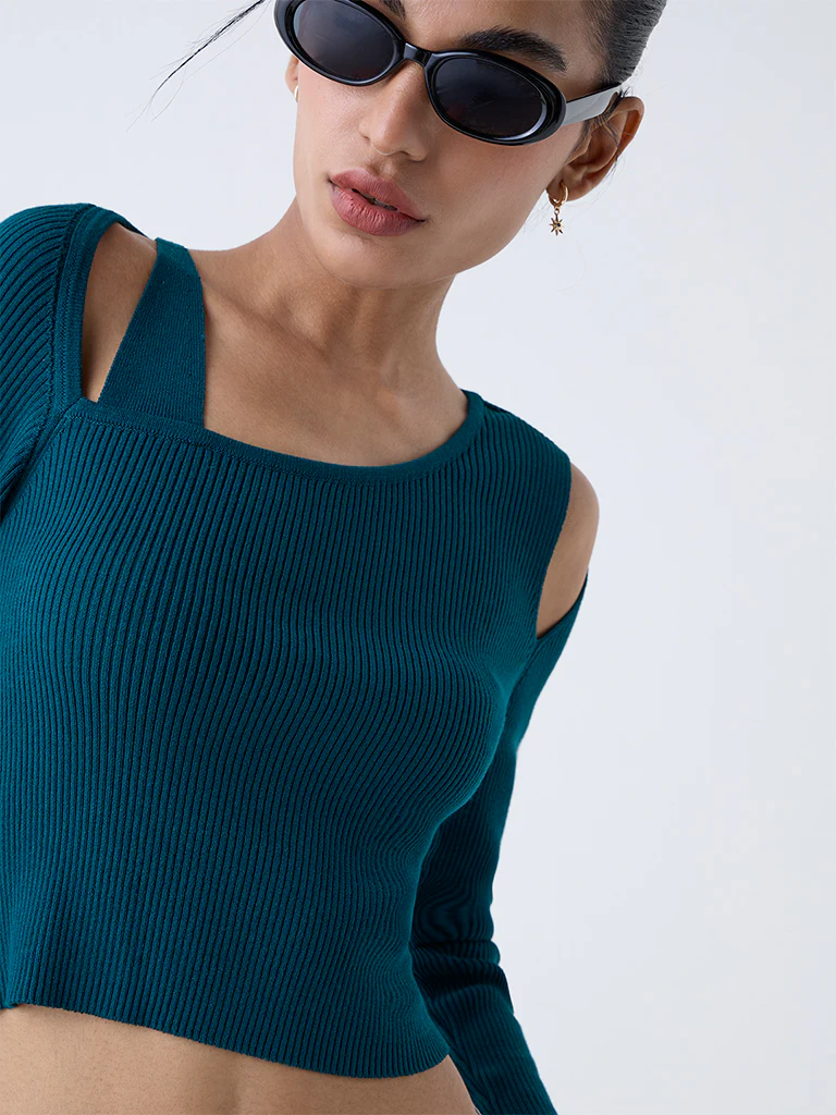 Nuon Teal Ribbed-Textured Top - Image 3