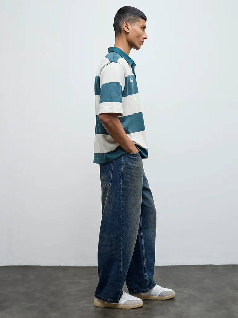Nuon Teal Striped Relaxed Fit Cotton-Blend Polo T-Shirt - Image 2