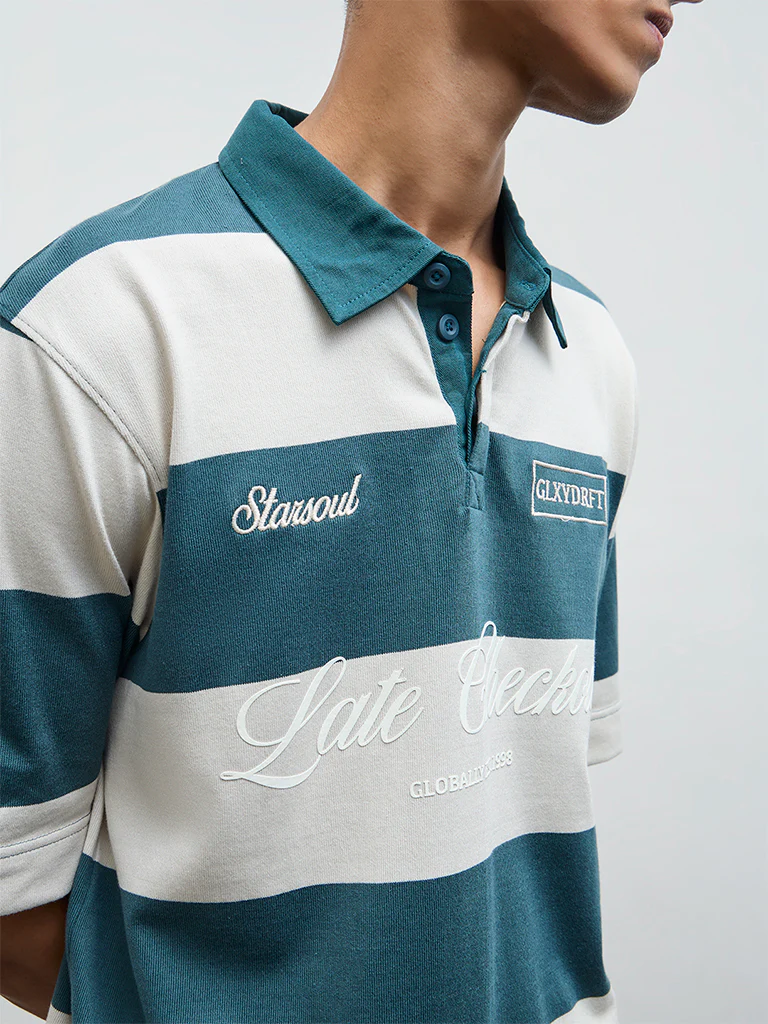 Nuon Teal Striped Relaxed Fit Cotton-Blend Polo T-Shirt - Image 3