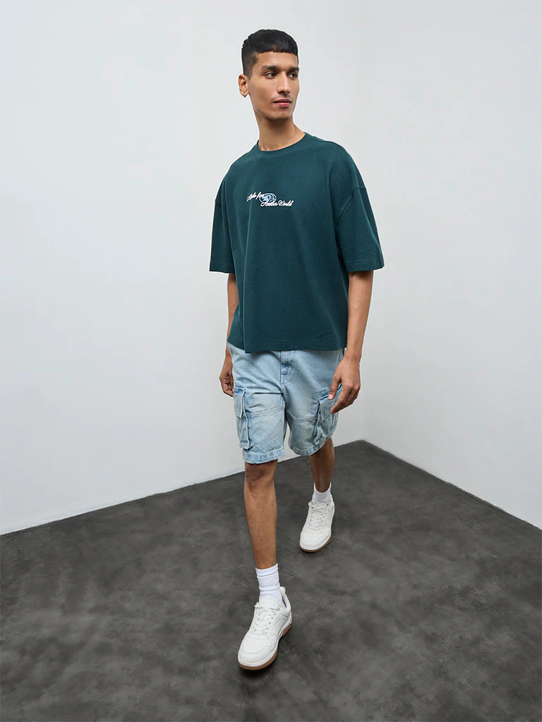 Nuon Teal Text Oversized Fit Cotton T-Shirt - Image 2