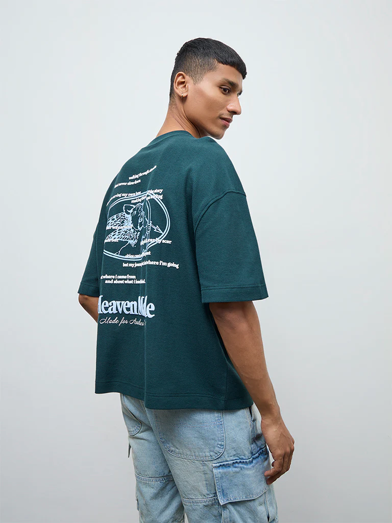Nuon Teal Text Oversized Fit Cotton T-Shirt - Image 4