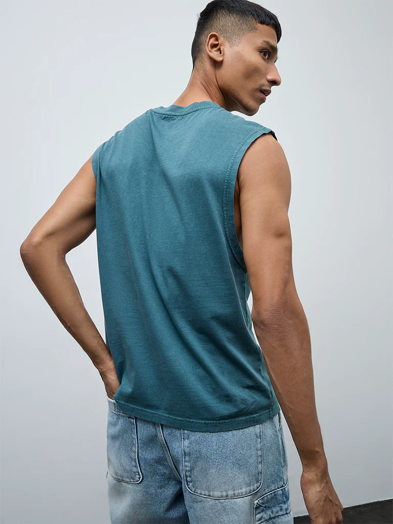 Nuon Teal Text Relaxed-Fit Cotton T-Shirt - Image 4