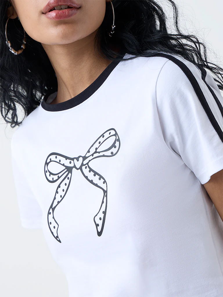 Nuon White Bow-Printed Cotton T-Shirt - Image 3