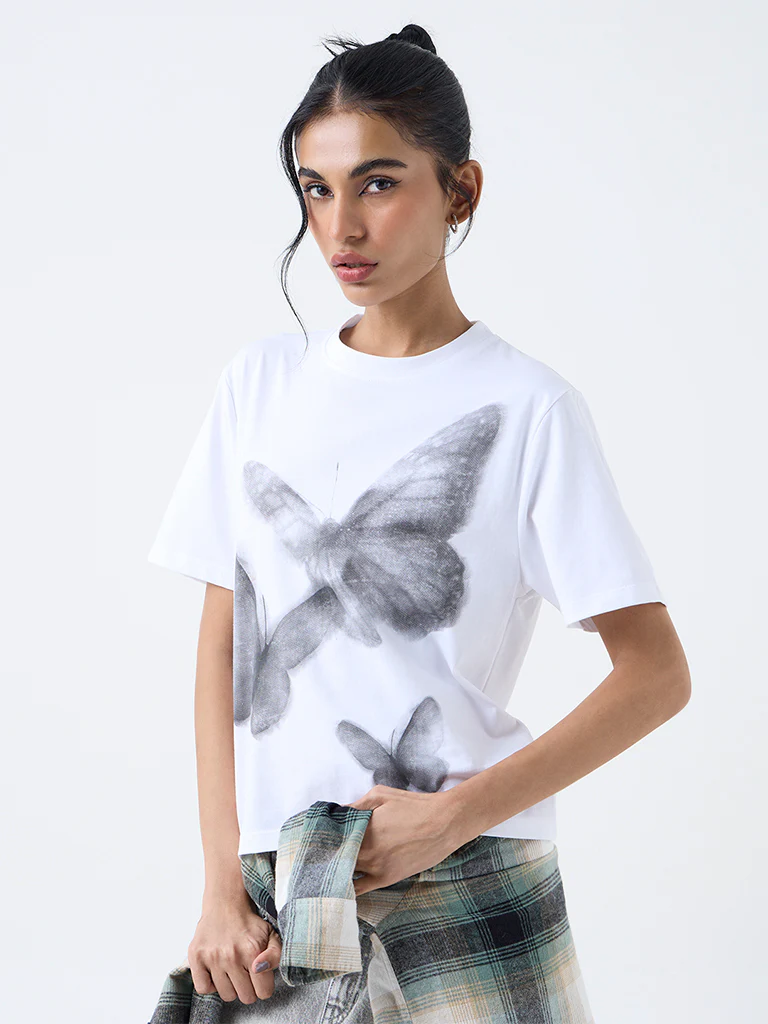 Nuon White Butterfly Printed Cotton T-Shirt