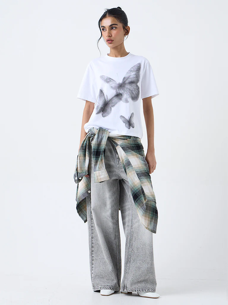 Nuon White Butterfly Printed Cotton T-Shirt - Image 2