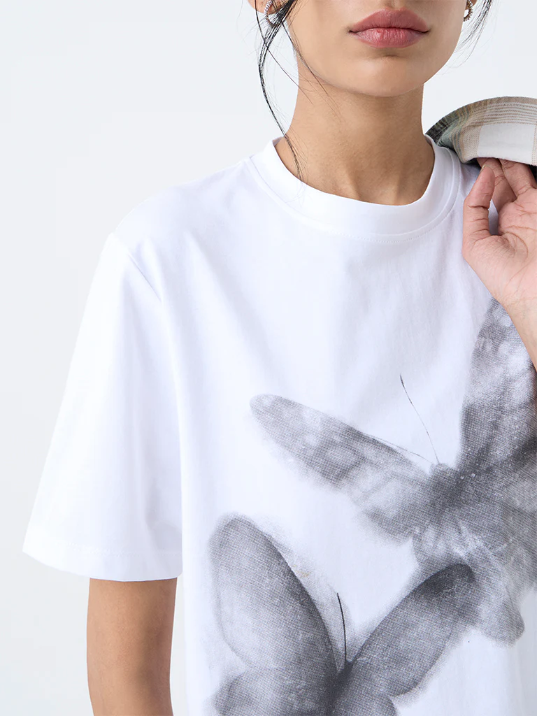 Nuon White Butterfly Printed Cotton T-Shirt - Image 3
