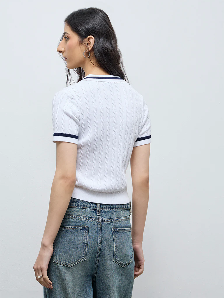 Nuon White Cable-Knit Textured T-Shirt - Image 4