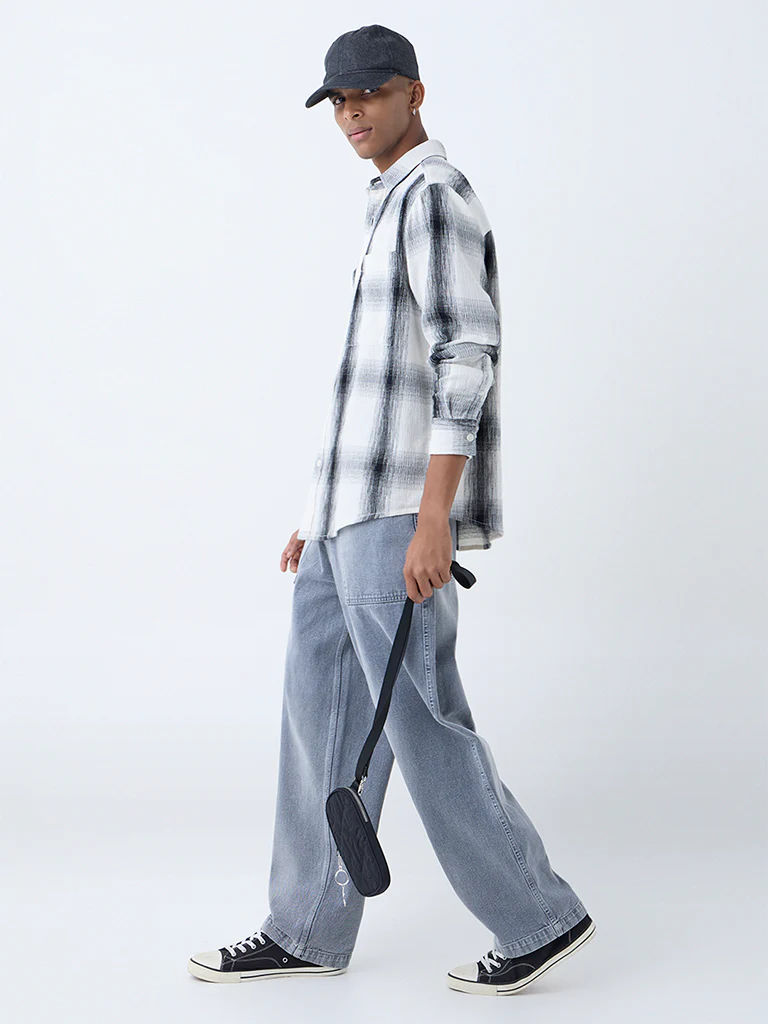 Nuon White Checkered Relaxed-Fit Cotton Shirt - Image 2