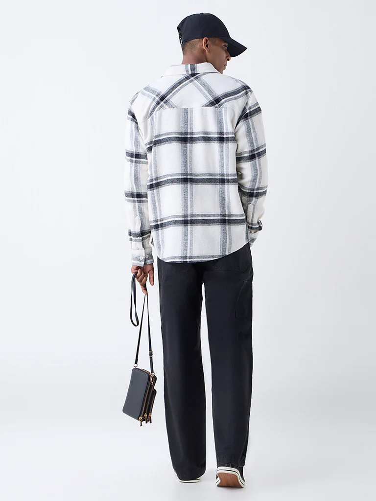 Nuon White Checks Pattern Relaxed-Fit Cotton Shirt - Image 4