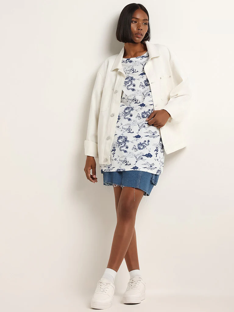 Nuon White Contrast Print Cotton Oversized T-Shirt - Image 3