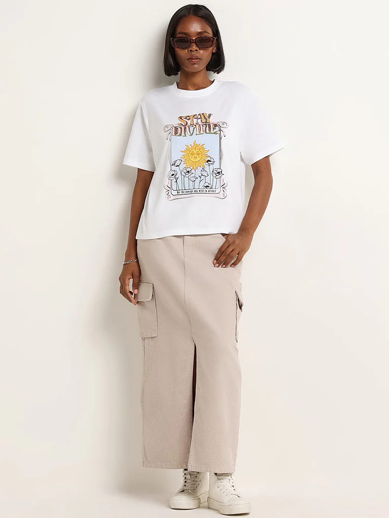 Nuon White Contrast Print Cotton T-Shirt - Image 3