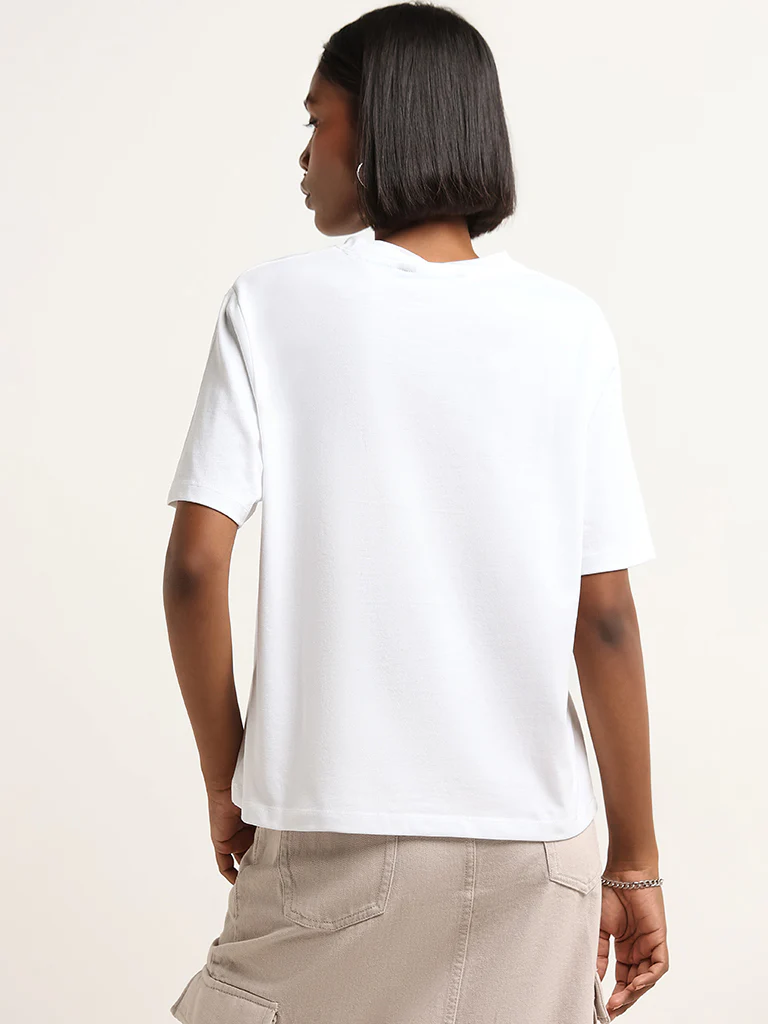 Nuon White Contrast Print Cotton T-Shirt - Image 4