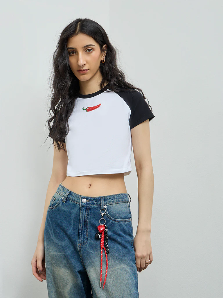 Nuon White Embellished Cotton-Blend Crop T-Shirt - Image 2