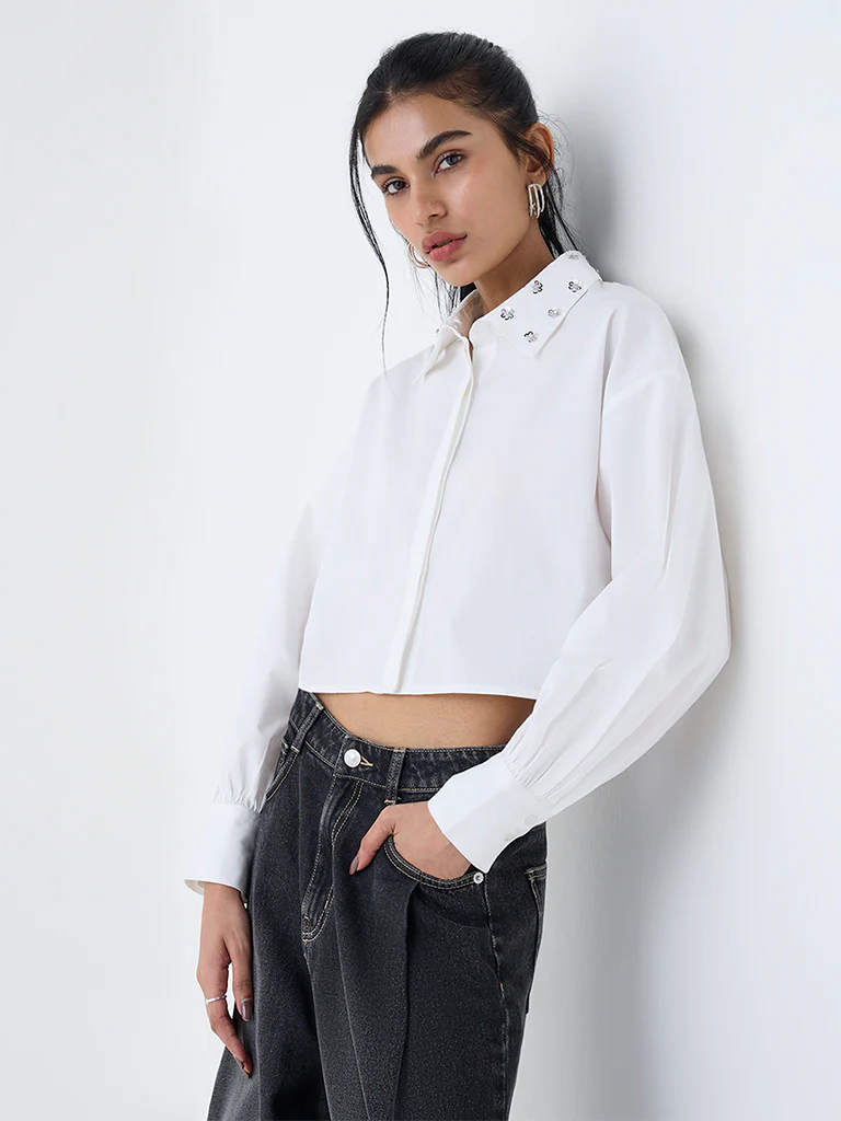 Nuon White Embellished Cotton Shirt
