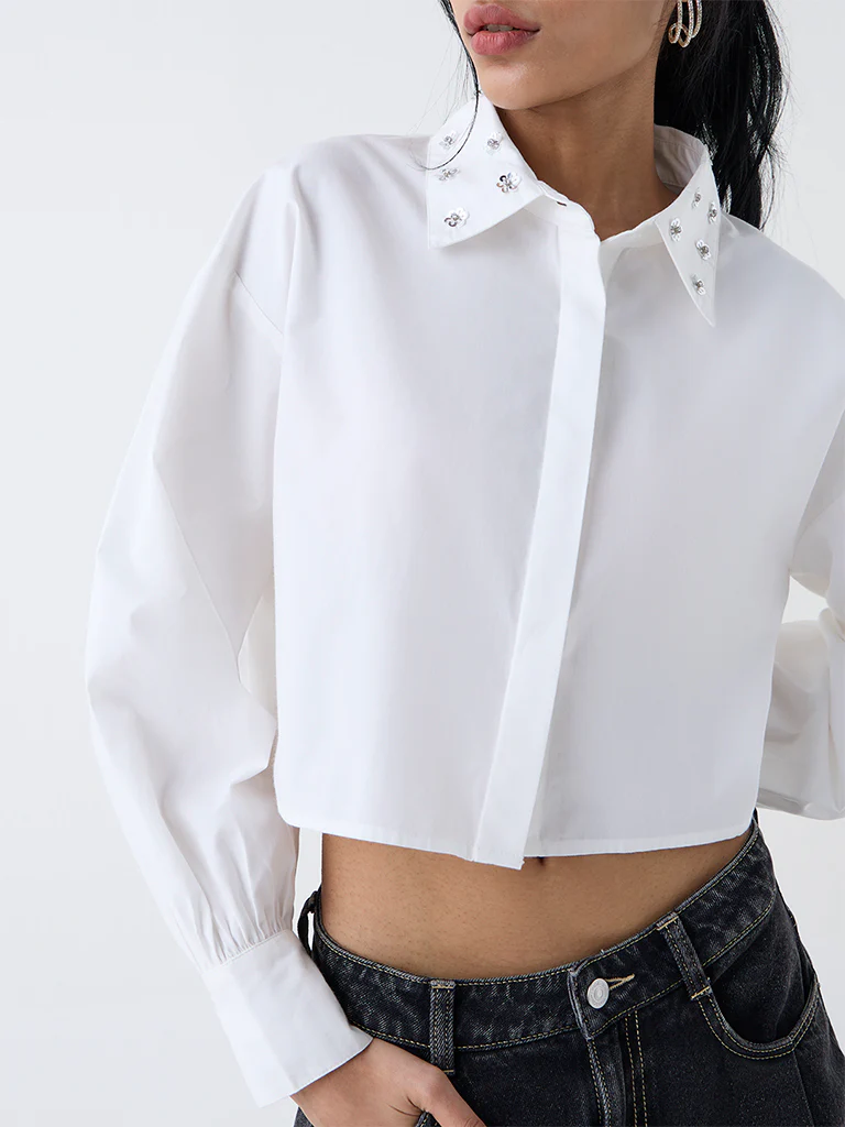 Nuon White Embellished Cotton Shirt - Image 3