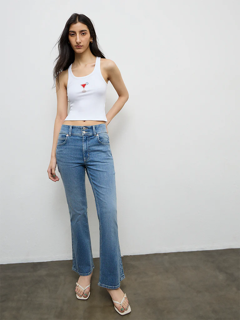 Nuon White Embellished Ribbed Cotton-Blend Top - Image 2
