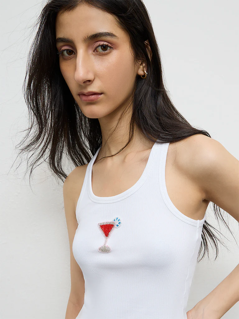 Nuon White Embellished Ribbed Cotton-Blend Top - Image 3